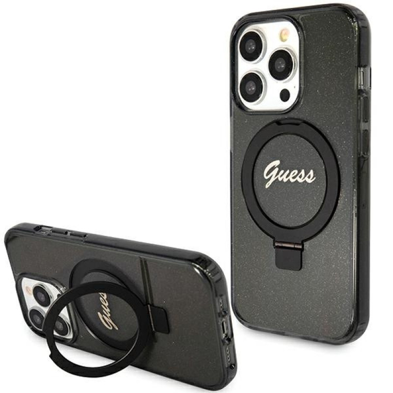 Guess GUHMP15XHRSGSK Ring Stand Script Glitter MagSafe Hardcase für Apple iPhone 15 Pro Max, Schwarz
