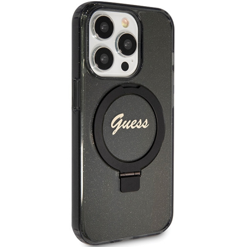 Guess GUHMP15XHRSGSK Ring Stand Script Glitter MagSafe Hardcase für Apple iPhone 15 Pro Max, Schwarz