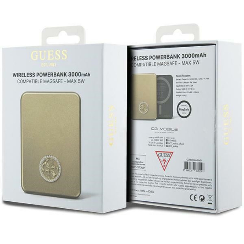 Guess GUPBM3AL4DMD Powerbank 3000 mAh, 5 W, MagSafe 4G Strassed Metal Logo, Gold