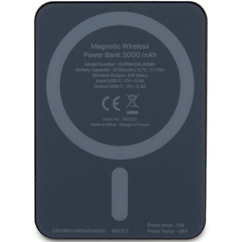 Guess GUPBM3ALGSGK Powerbank 3000 mAh, 5 W, MagSafe Metal Script Logo, Schwarz