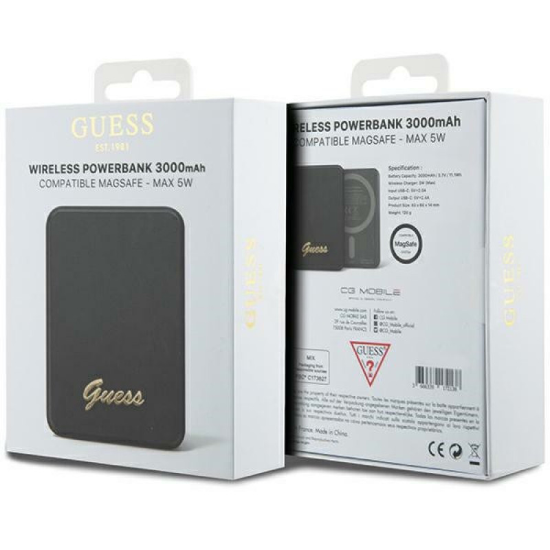 Guess GUPBM3ALGSGK Powerbank 3000 mAh, 5 W, MagSafe Metal Script Logo, Schwarz