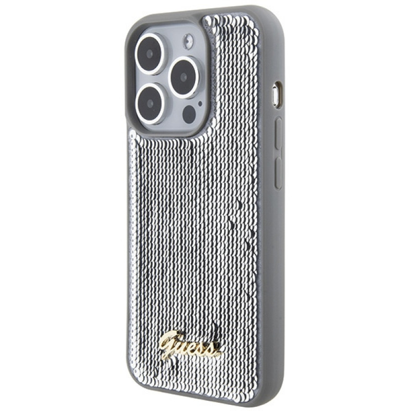 Guess GUHCP15LPSFDGSS Sequin Script Metal Hardcase für Apple iPhone 15 Pro, Silber