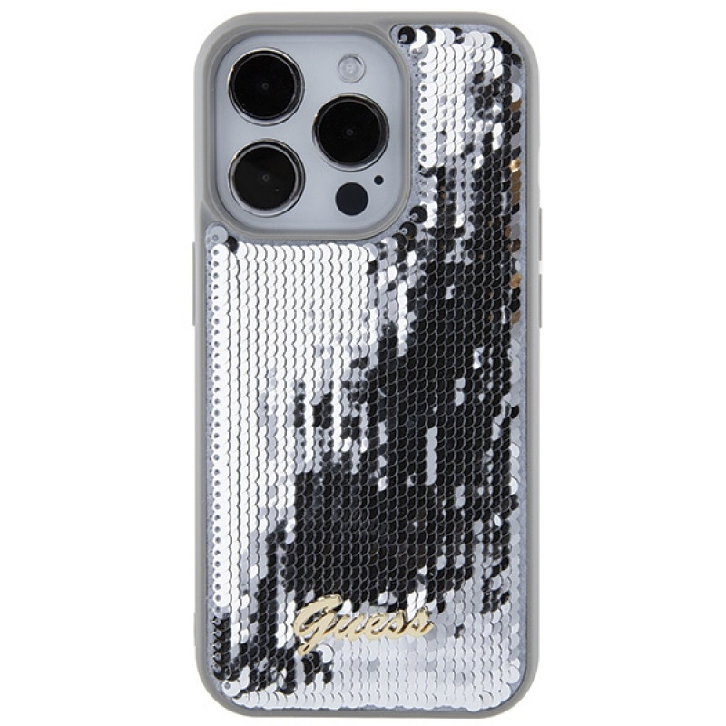 Guess GUHCP15LPSFDGSS Sequin Script Metal Hardcase für Apple iPhone 15 Pro, Silber