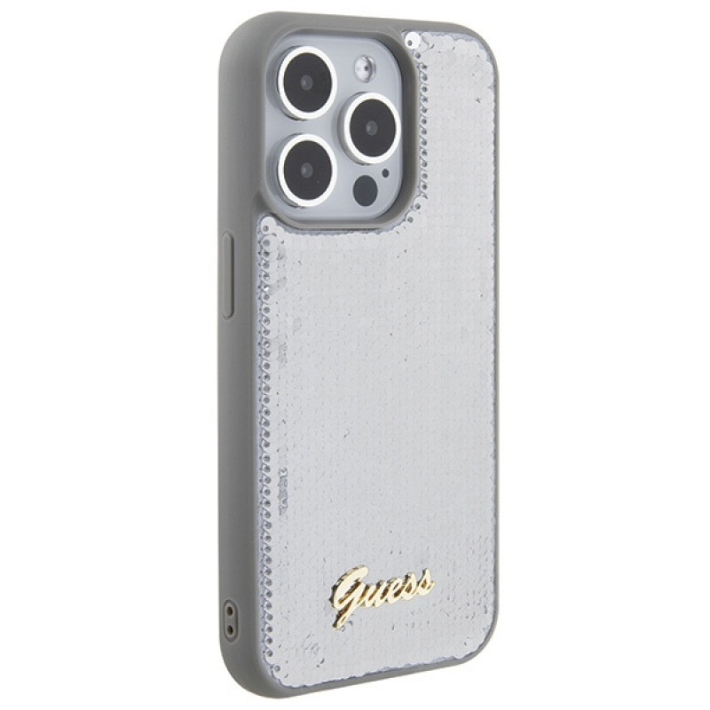Guess GUHCP15XPSFDGSS Sequin Script Metal Hardcase für Apple iPhone 15 Pro Max, Silber