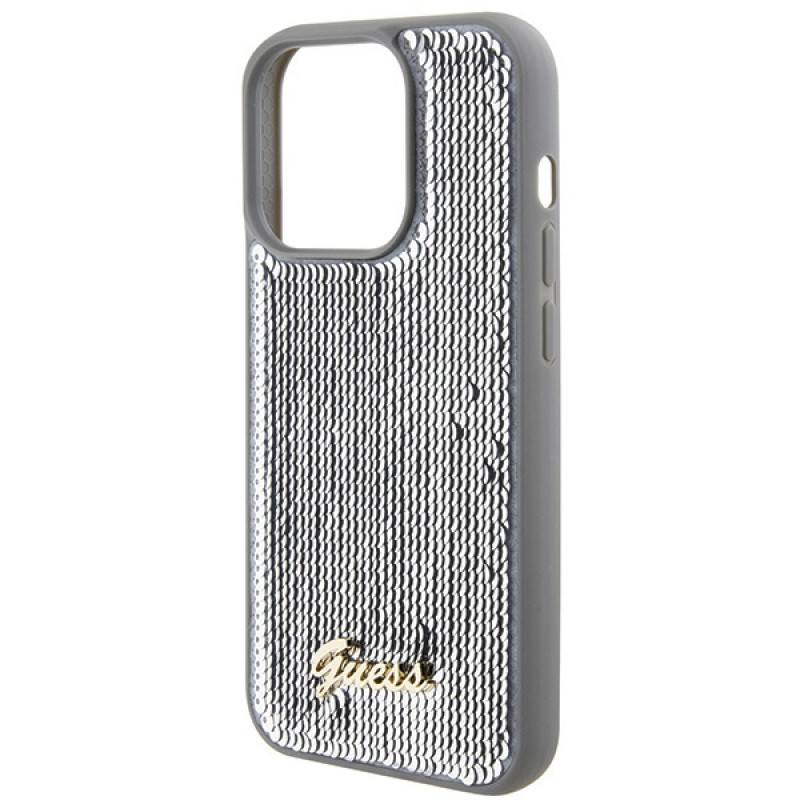 Guess GUHCP15XPSFDGSS Sequin Script Metal Hardcase für Apple iPhone 15 Pro Max, Silber
