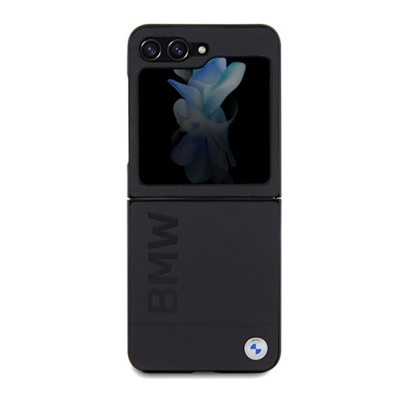 BMW BMHCZF5SLLBK Leder-Hot-Stamp-Hardcase für Samsung Galaxy Z Flip5, Schwarz
