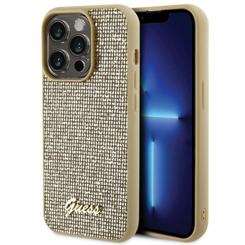 Guess GUHCP15LPMSDGSD Disco Metal Script Hardcase für Apple iPhone 15 Pro, Gold