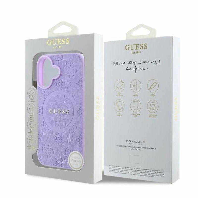 Guess Saffiano Peony Stamp MagSafe Hülle für Apple iPhone 16, lila