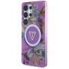 Guess Glitter Flowers Triangle Buttons MagSafe Hülle für Samsung Galaxy S25 Ultra, lila