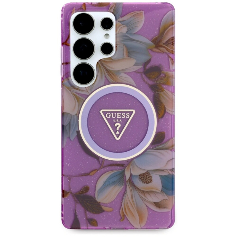 Guess Glitter Flowers Triangle Buttons MagSafe Hülle für Samsung Galaxy S25 Ultra, lila