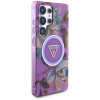 Guess Glitter Flowers Triangle Buttons MagSafe Hülle für Samsung Galaxy S25 Ultra, lila