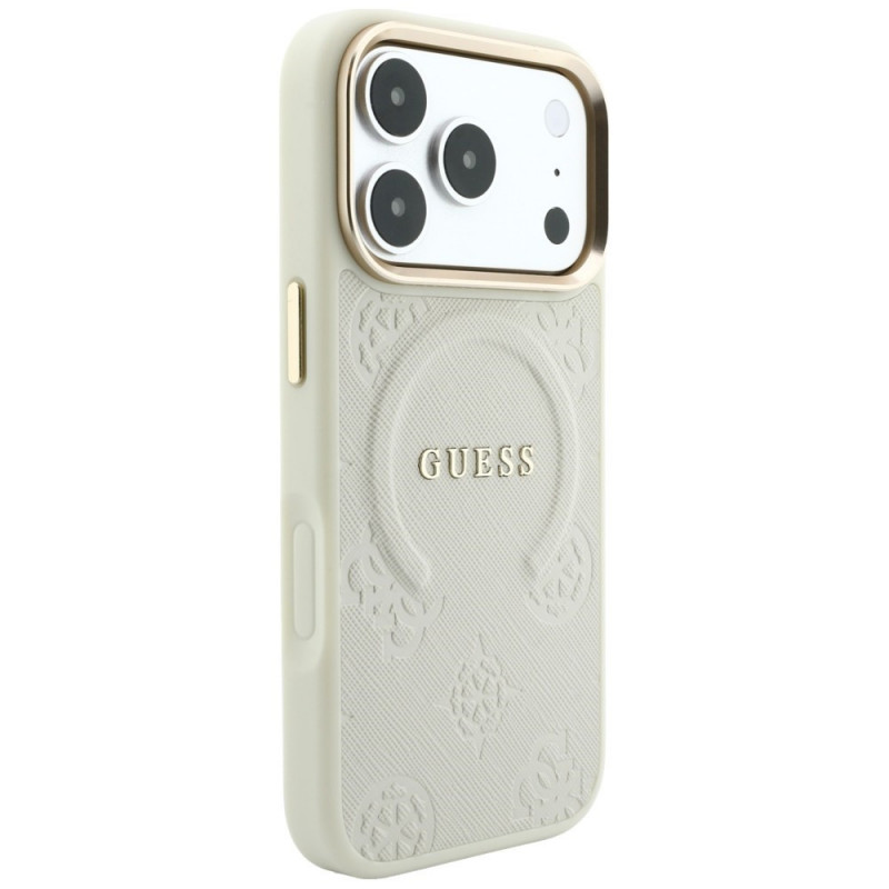 Guess Saffiano Peony & Ring MagSafe Hülle für Apple iPhone 18 Pro / 17 Pro, beige