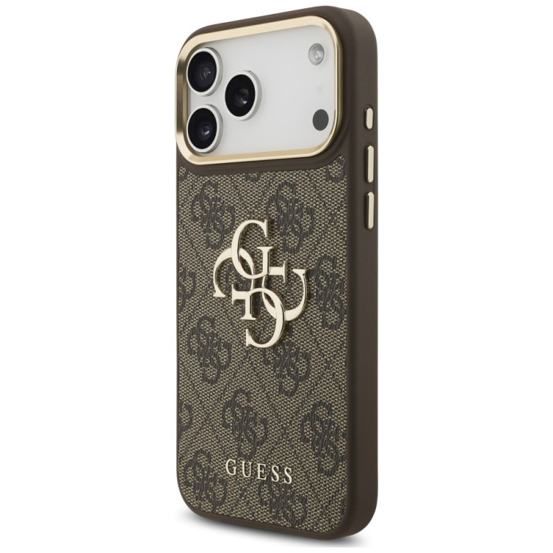 Guess 4G Big 4G Classic Logo Big Strap Metal Buttons Hülle mit Band für Apple iPhone 18 Pro Max / 17 Pro Max, braun
