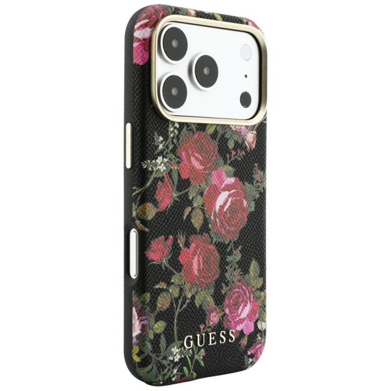 Guess Blossom Roses Print MagSafe Hülle für Apple iPhone 18 Pro / 17 Pro, schwarz