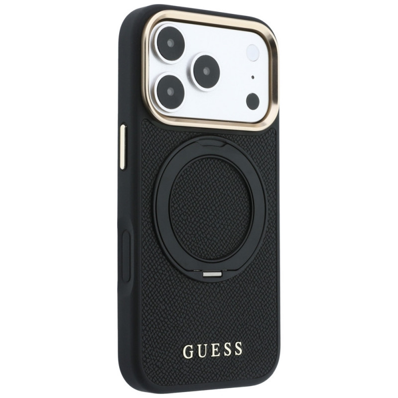 Guess Ring Stand 360 Grained Classic Logo MagSafe Hülle für Apple iPhone 18 Pro / 17 Pro, schwarz