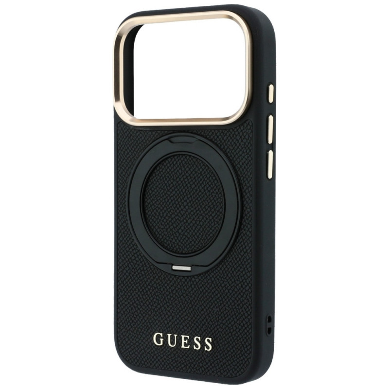 Guess Ring Stand 360 Grained Classic Logo MagSafe Hülle für Apple iPhone 18 Pro / 17 Pro, schwarz