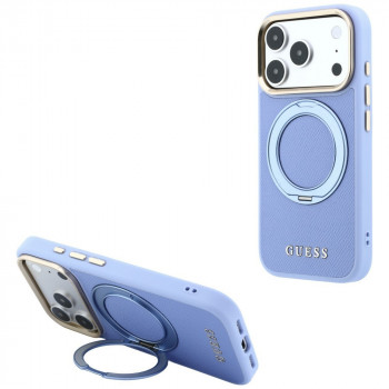 Guess Ring Stand 360 Grained Classic Logo MagSafe Hülle für Apple iPhone 18 Pro / 17 Pro, hellblau