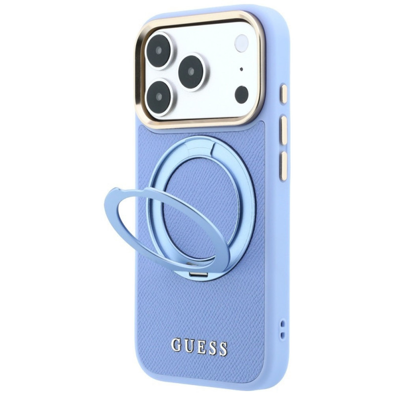Guess Ring Stand 360 Grained Classic Logo MagSafe Hülle für Apple iPhone 18 Pro / 17 Pro, hellblau