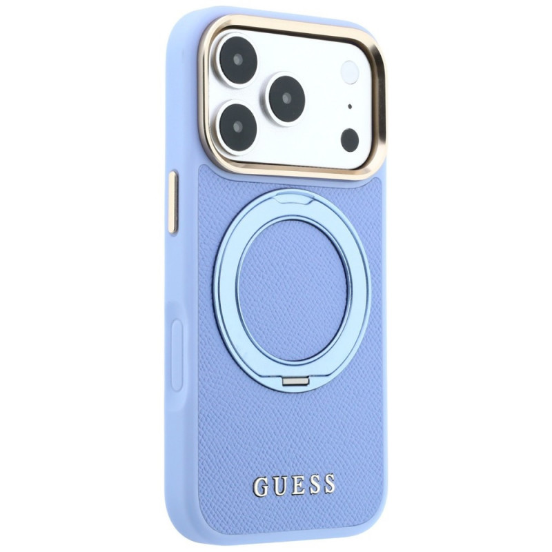 Guess Ring Stand 360 Grained Classic Logo MagSafe Hülle für Apple iPhone 18 Pro / 17 Pro, hellblau