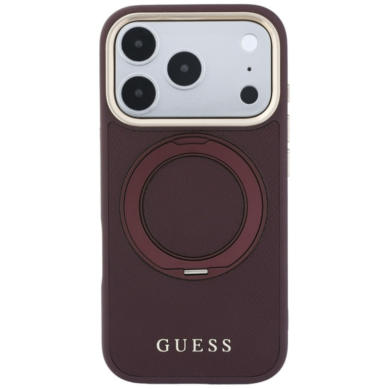 Guess Ring Stand 360 Grained Classic Logo MagSafe Hülle für Apple iPhone 18 Pro / 17 Pro, burgunder