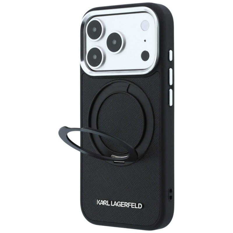 Karl Lagerfeld Ring Stand 360 Saffiano Classic Logo MagSafe Hülle für Apple iPhone 18 Pro / 17 Pro, Schwarz (KF003179)
