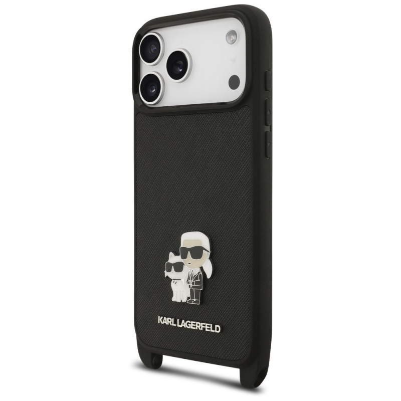 Karl Lagerfeld Saffiano Karl&Choupette Metal Pin CBDY Strap Hülle für Apple iPhone 18 Pro / 17 Pro, schwarz