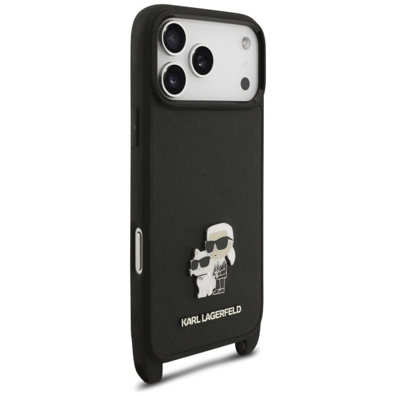 Karl Lagerfeld Saffiano Karl&Choupette Metal Pin CBDY Strap Hülle für Apple iPhone 18 Pro / 17 Pro, schwarz