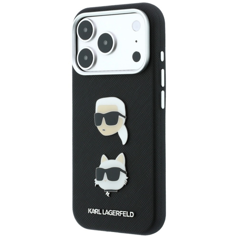 Karl Lagerfeld Saffiano Karl&Choupette Heads Pins Strap Logo Hülle für Apple iPhone 18 Pro / 17 Pro, schwarz