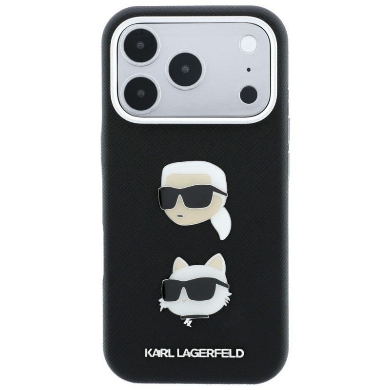 Karl Lagerfeld Saffiano Karl&Choupette Heads Pins Strap Logo Hülle für Apple iPhone 18 Pro / 17 Pro, schwarz