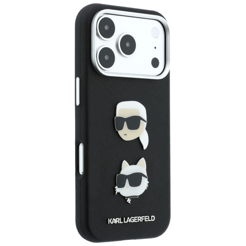 Karl Lagerfeld Saffiano Karl&Choupette Heads Pins Strap Logo Hülle für Apple iPhone 18 Pro / 17 Pro, schwarz