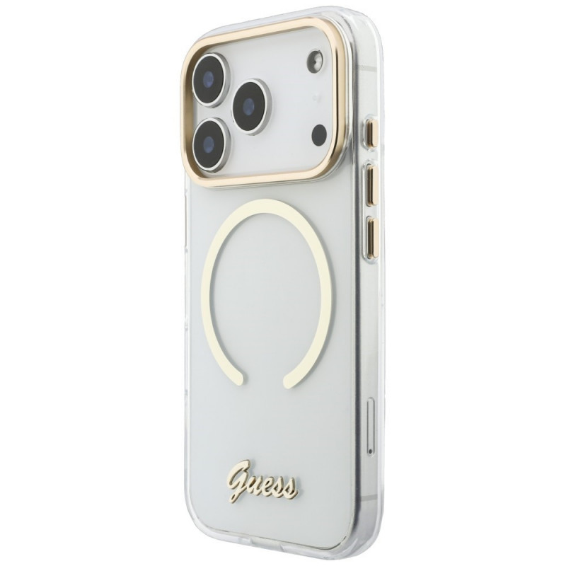 Guess IML Script Metal MagSafe Hülle für Apple iPhone 18 Pro / 17 Pro, transparent