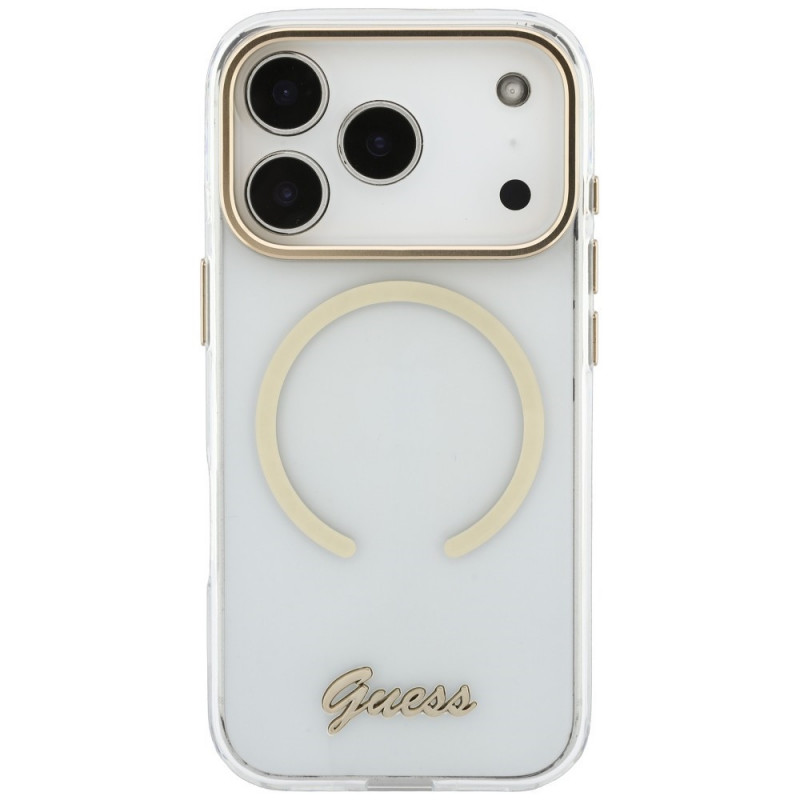Guess IML Script Metal MagSafe Hülle für Apple iPhone 18 Pro / 17 Pro, transparent