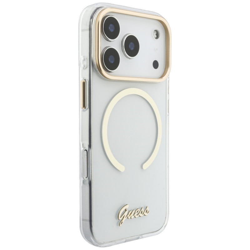 Guess IML Script Metal MagSafe Hülle für Apple iPhone 18 Pro / 17 Pro, transparent