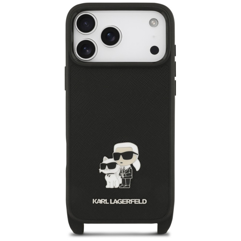 Karl Lagerfeld Saffiano Karl&Choupette Metal Pin CBDY Strap Hülle für Apple iPhone 18 Pro Max / 17 Pro Max, schwarz