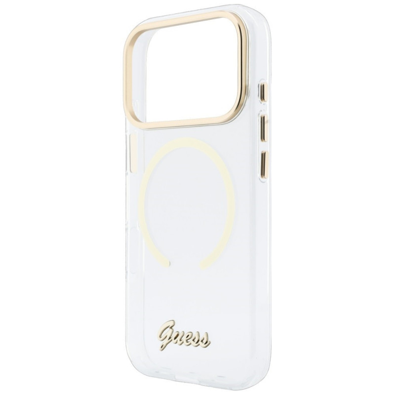 Guess IML Script Metal MagSafe Hülle für Apple iPhone 18 Pro Max / 17 Pro Max, transparent