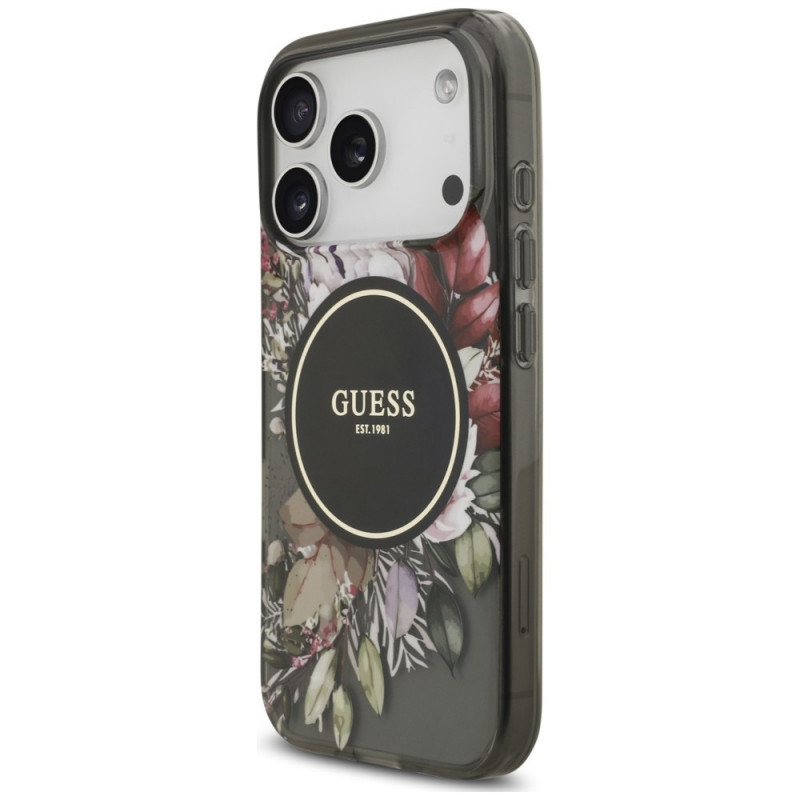 Guess IML Flowers Pearl Strap MagSafe Hülle für Apple iPhone 18 Pro / 17 Pro, schwarz