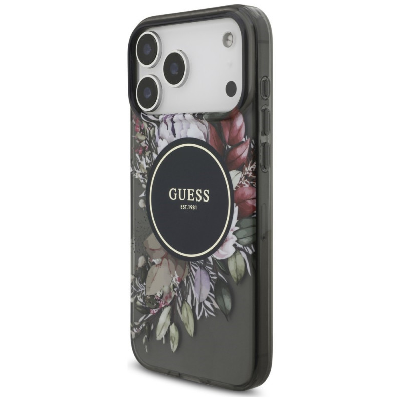 Guess IML Flowers Pearl Strap MagSafe Hülle für Apple iPhone 18 Pro Max / 17 Pro Max, schwarz