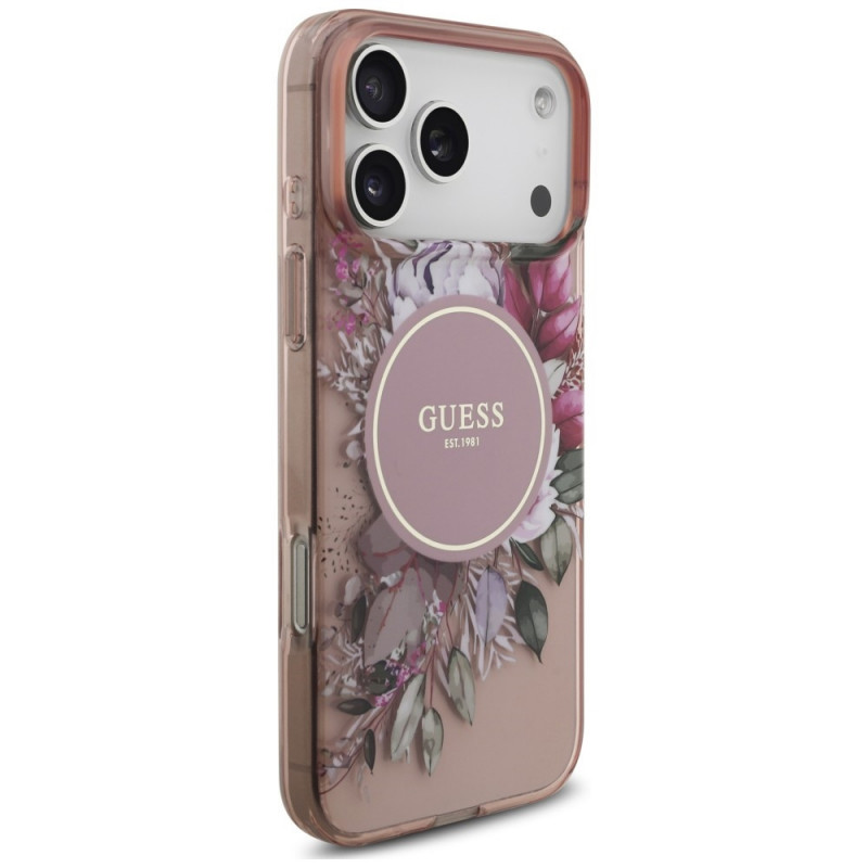 Guess IML Flowers Pearl Strap MagSafe Hülle für Apple iPhone 18 Pro / 17 Pro, pink