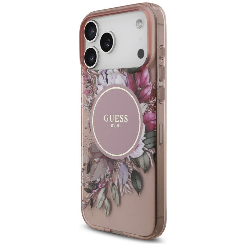 Guess IML Flowers Pearl Strap MagSafe Hülle für Apple iPhone 18 Pro Max / 17 Pro Max, pink