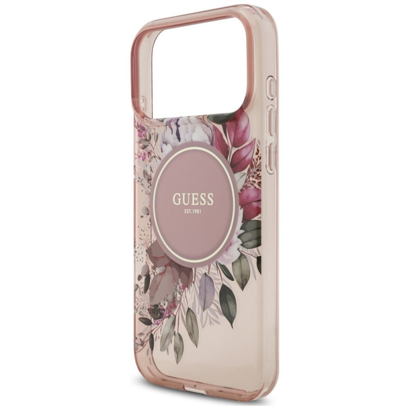 Guess IML Flowers Pearl Strap MagSafe Hülle für Apple iPhone 18 Pro Max / 17 Pro Max, pink
