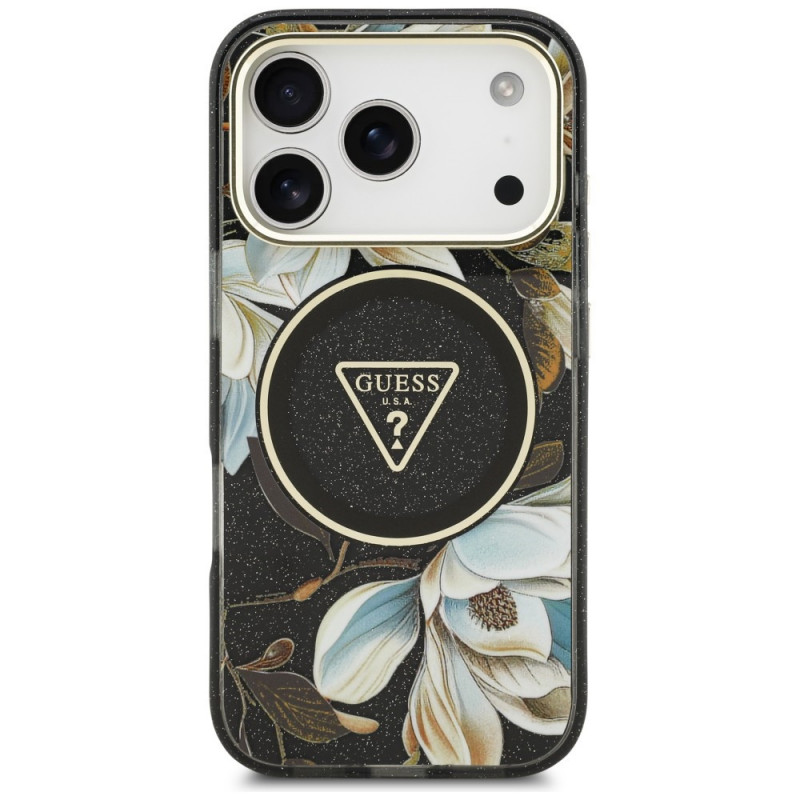 Guess IML Glitter Flowers Triangle MagSafe Hülle für Apple iPhone 18 Pro Max / 17 Pro Max, schwarz