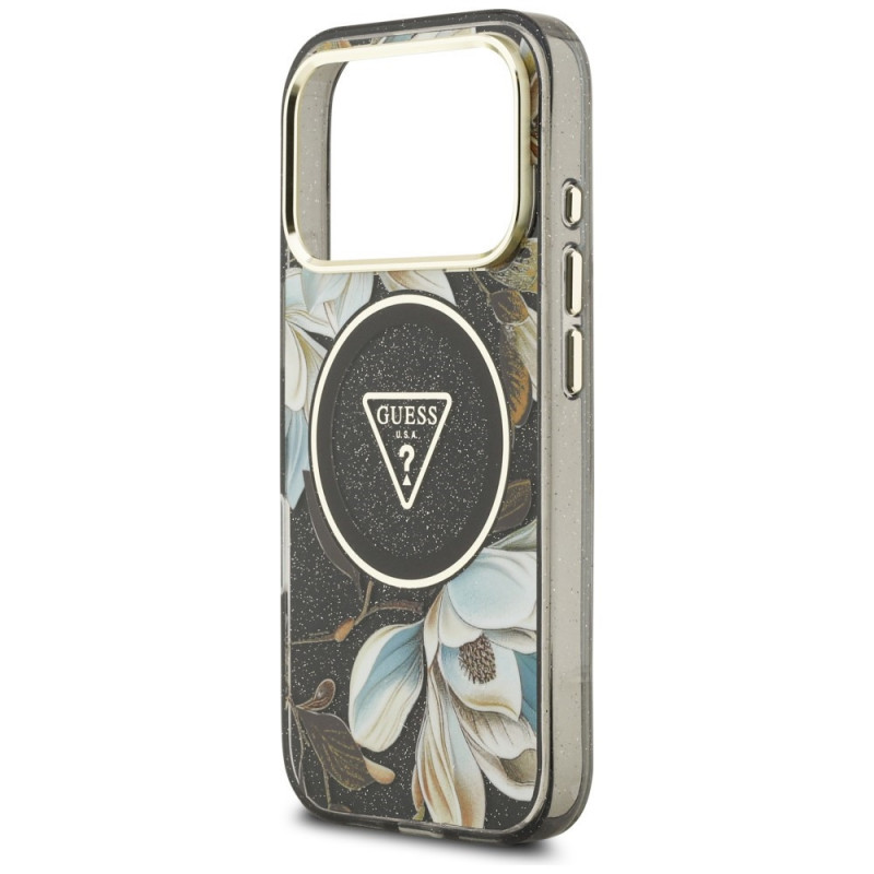 Guess IML Glitter Flowers Triangle MagSafe Hülle für Apple iPhone 18 Pro Max / 17 Pro Max, schwarz