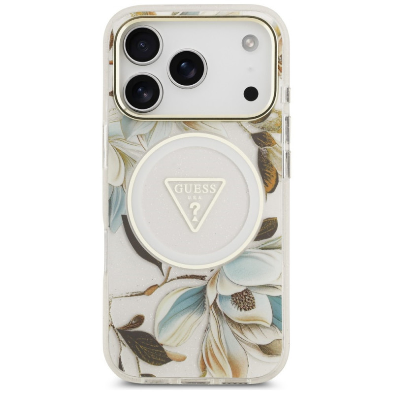 Guess IML Glitter Flowers Triangle MagSafe Hülle für Apple iPhone 18 Pro Max / 17 Pro Max, Weiß