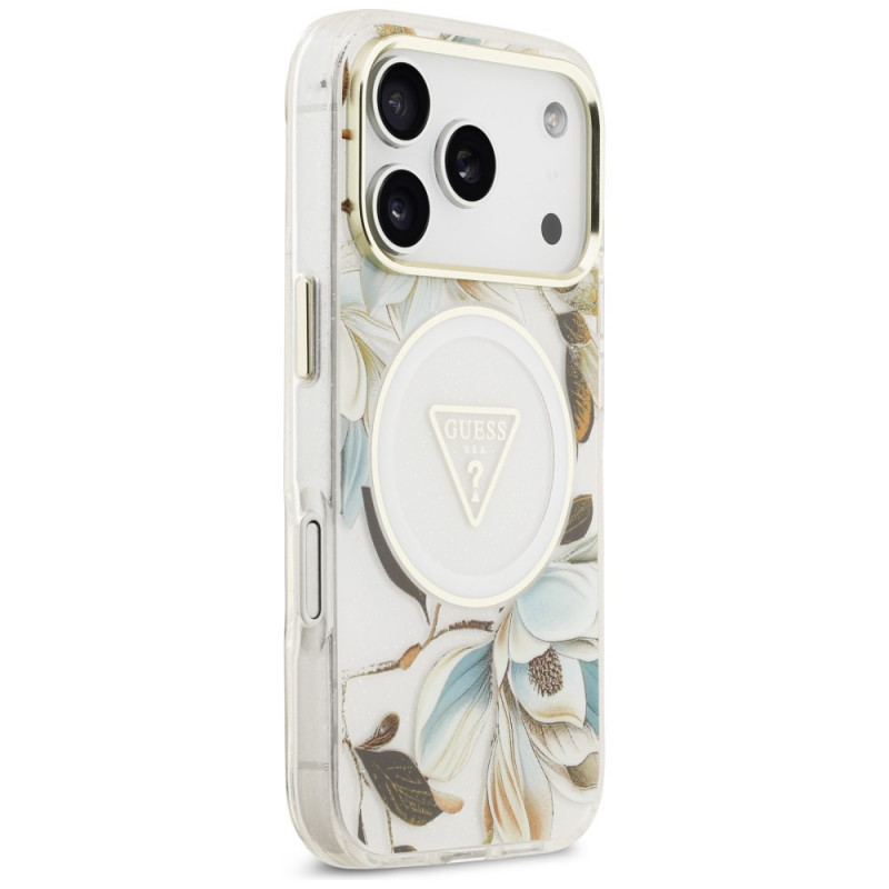 Guess IML Glitter Flowers Triangle MagSafe Hülle für Apple iPhone 18 Pro Max / 17 Pro Max, Weiß
