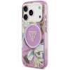 Guess IML Glitter Flowers Triangle MagSafe Hülle für Apple iPhone 18 Pro Max / 17 Pro Max, lila