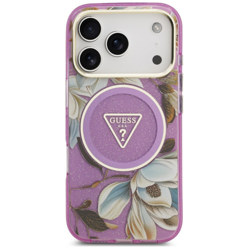 Guess IML Glitter Flowers Triangle MagSafe Hülle für Apple iPhone 18 Pro Max / 17 Pro Max, lila