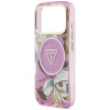 Guess IML Glitter Flowers Triangle MagSafe Hülle für Apple iPhone 18 Pro Max / 17 Pro Max, lila