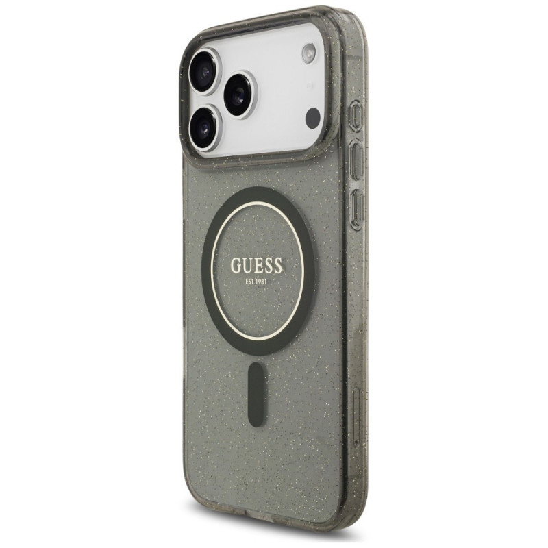 Guess IML Glitter Pearl Strap MagSafe Hülle für Apple iPhone 18 Pro / 17 Pro, Schwarz