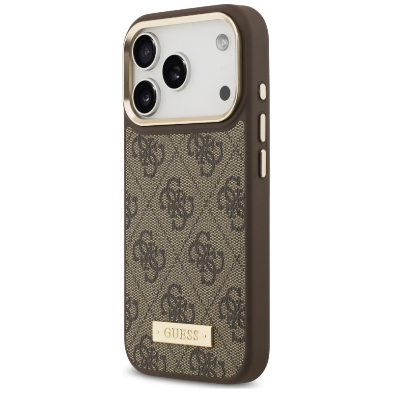 Guess 4G Logo Plate MagSafe Hülle für Apple iPhone 18 Pro / 17 Pro, Braun