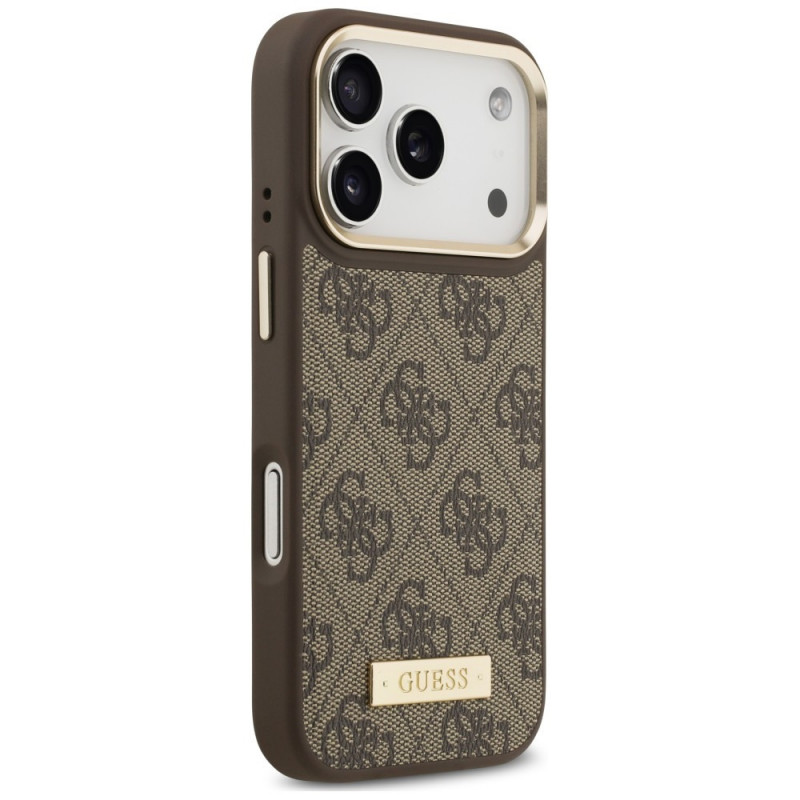 Guess 4G Logo Plate MagSafe Hülle für Apple iPhone 18 Pro / 17 Pro, Braun